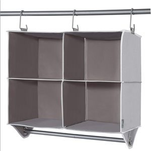 Closet shelves with 4 compartments and banging rod, gray